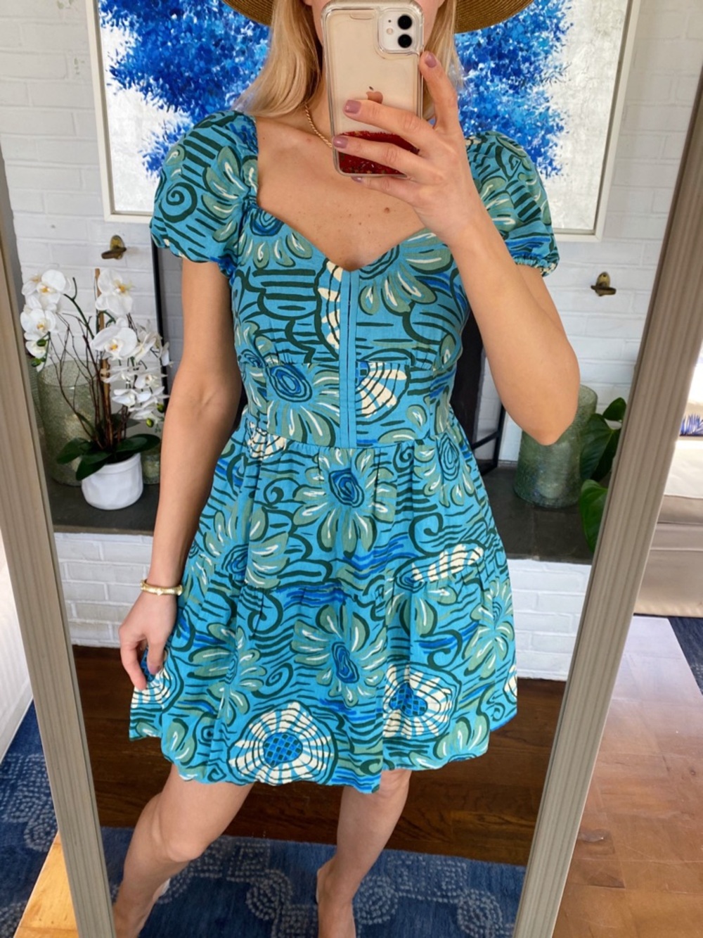 HOUSE OF HARLOW 1960 Turquoise Floral Linen Blend Puff-Sleeve Mini Dress! 👗